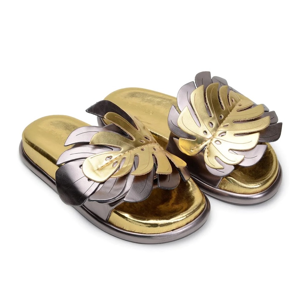 Farm Rio “Golden Monstera Anatomic Slide Sandal” size 9.